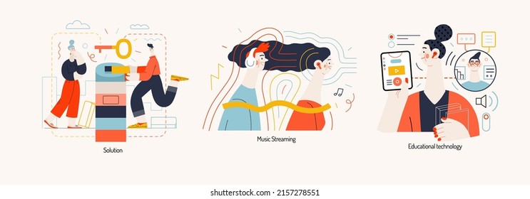 Technology Memphis illustrations -modern flat vector concept digital illustration on Solution, Music streaming, Educational technology. Creative landing web page illustration