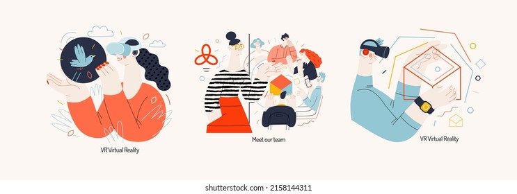 Technology Memphis illustrations -modern flat vector concept digital illustration on Virtual Reality and Meet our team. Creative landing web page illustrations set