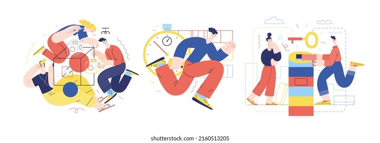 Technology Memphis illustrations -modern flat vector concept digital illustration on Brand, Time Management, Solution. Creative landing web page concept illustrations set