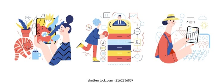 Technology Memphis illustrations -modern flat vector concept digital illustration on Augmented Reality, CRM Customer Relationship Management, Agriculture Technology. Creative landing web page set