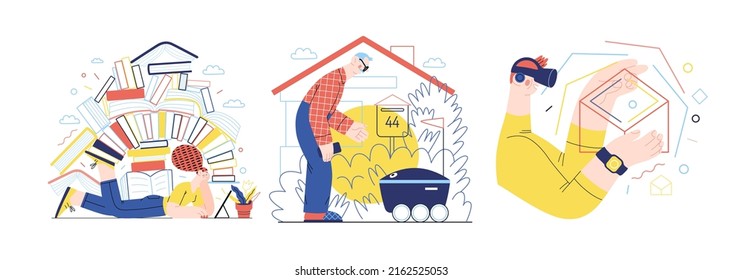 Technology Memphis illustrations -modern flat vector concept digital illustration on Ebook, Autonomous Delivery, Virtual Reality. Creative landing web page set