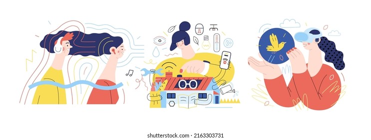 Ilustraciones de Technology Memphis -moderna ilustración digital de concepto vectorial plano en Streaming de Música, Construcción Inteligente, Realidad Virtual. Conjunto de páginas web de aterrizaje creativo