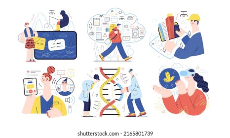 Technology Memphis illustrations - Phishing, Internet of Things, Augmented reality, Educational Technology, Genetic Engineering, VR Virtual Reality. Creative landing web page illustrations set