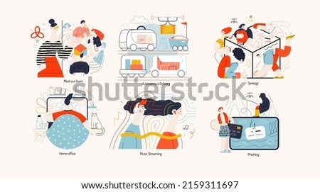 Technology Memphis illustrations -team management, autonomous delivery, strategic partership - synergy, home office, music streaming, web security and phishing
