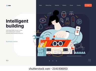 Technology Memphis -Intelligent building, modern flat vector concept digital illustration Smart house, management metaphor -woman and building resolving problems. Creative landing web page template