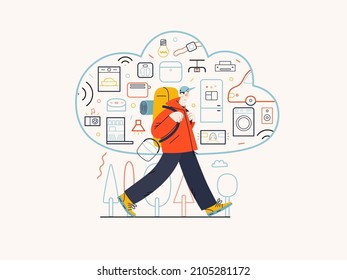 Technology Memphis - internet of things -modern flat vector concept digital illustration of home appliances remote control in cloud and hiking man. Creative landing web page illustration