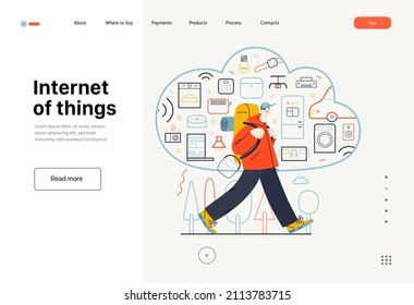 Technology Memphis - internet of things -modern flat vector concept digital illustration of home appliances remote control in cloud and hiking man. Creative landing web page template