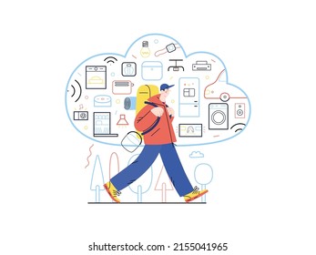 Technology Memphis - internet of things -modern flat vector concept digital illustration of home appliances remote control in cloud and hiking man. Creative landing web page illustration