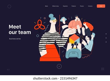 Technology Memphis - Meet our team - modern flat vector concept digital illustration team metaphor, company presentation. Business workflow and team management Creative landing web page template