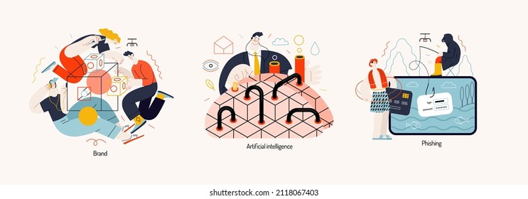 Technology Memphis -modern flat vector concept digital illustrations - company brand promotion, artificial intelligence, cyber security - phishing. Creative landing web page illustration