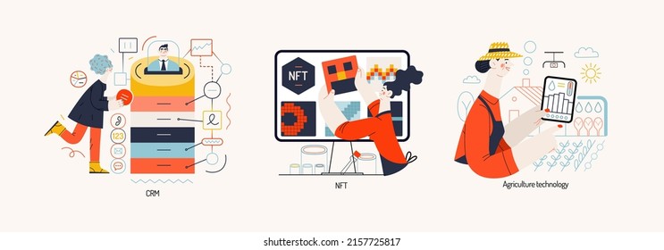 Technology Memphis -modern flat vector concept digital illustration on CRM - Customer relationship management, NFT - Non-fungible token, Agriculture Technology. Creative landing web page illustration