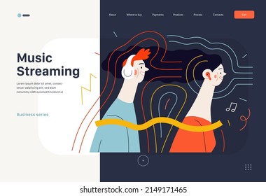 Technology Memphis - Music Streaming -modern Flat Vector Concept Digital Illustration Of Young People Wearing Headphones Listening The Music, Streaming Application. Creative Landing Web Template