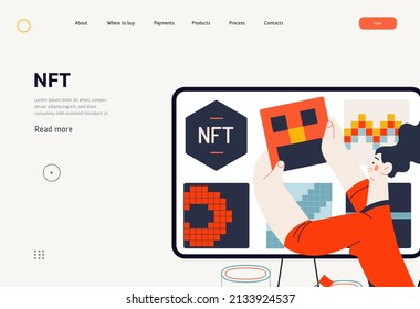 Technology Memphis -NFT Non-Fungible Token -modern flat vector concept digital illustration of placing a NFT object into the blackchain. Creative landing web page template