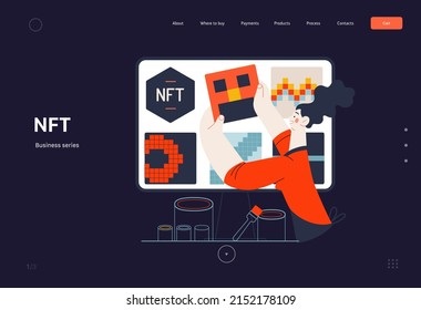 Technology Memphis -NFT Non-Fungible Token -modern flat vector concept digital illustration of placing a NFT object into the blackchain. Creative landing web page template