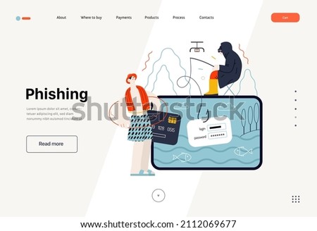 Technology Memphis - Phishing - flat vector concept digital illustration of phishing scam metaphor. Hacker fraud protection, password steal, data phishing. Creative landing web page template