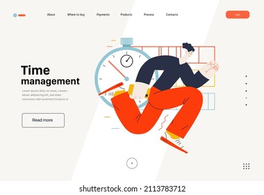 Technology Memphis -Time management - modern flat vector concept digital illustration of time management metaphor, a stopwatch, timeline and people in workflow. Creative landing web page template