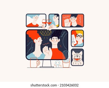 Technology Memphis -Video conferencing technology - modern flat vector concept digital illustration video conference metaphor, digital communication. Creative landing web page illustration