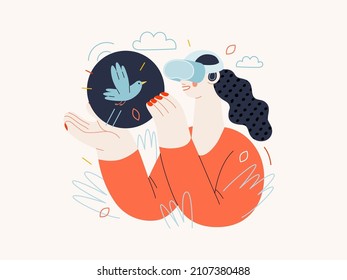 Technology Memphis - virtual reality -modern flat vector concept digital illustration of a woman wearing VR goggles headset touching a simulated bird. Creative landing web page illustration