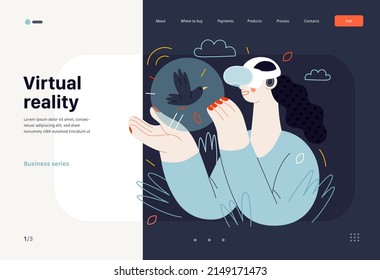 Tecnología Memphis - realidad virtual - moderno concepto vectorial plano ilustración digital de una mujer que usa auriculares con micrófono VR que tocan un pájaro simulado. plantilla de página web de aterrizaje creativo