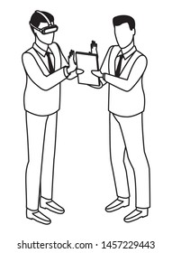 technology men with virtual reality glasses and diary symbol vector illustration graphic design