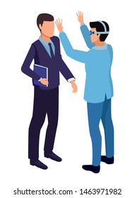 technology men with virtual reality glasses and diary symbol vector illustration graphic design