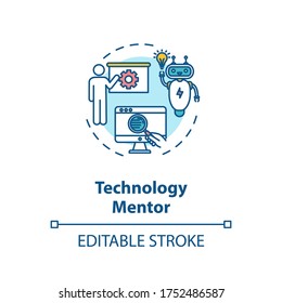 Technology mentor concept icon. Education in modern computer technologies idea thin line illustration. E mentoring, online training courses. Vector isolated outline RGB color drawing. Editable stroke