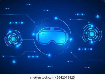 Technology Metaverse VR background with robotics, data, future, digital marketing, UI design, game interfaces.