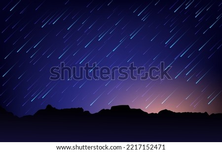 Technology meteor shower event. Shooting stars at night sky. Abstract meteor shower background. Tears of San Lorenzo. Meteor shower falls down with sunrise on the mountain. Vector illustration.