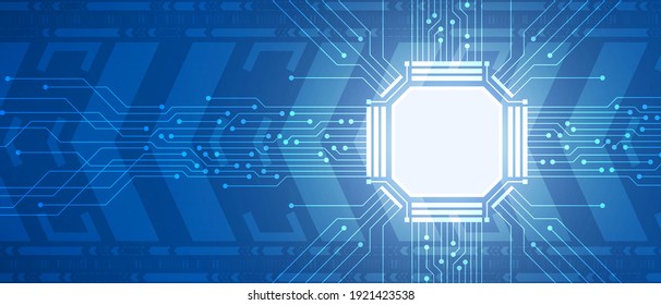 Technology microchip, blue circuit board, digital arrow movement background