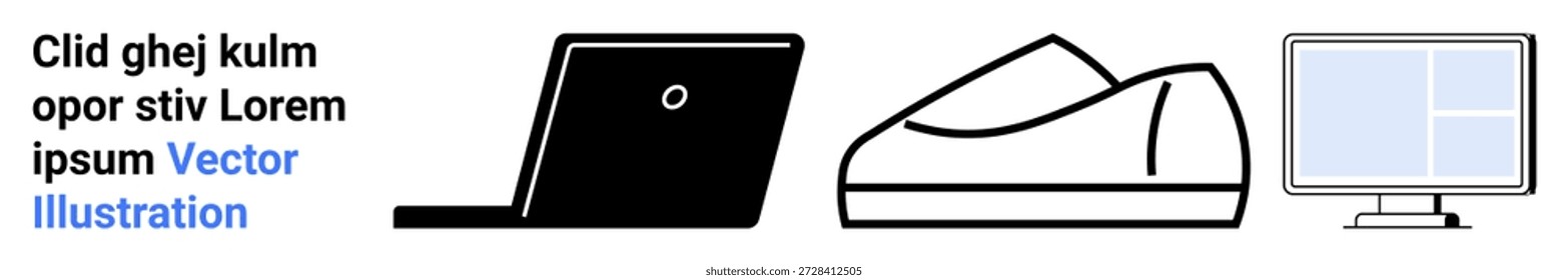 Tecnología, minimalismo, espacio de trabajo moderno, comercio electrónico, herramientas digitales, diseño de oficinas. Una computadora portátil, zapatos y pantalla de escritorio están en un estilo mínimo. Tecnología y minimalismo