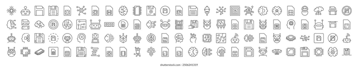 Technology Minimalistic Linear Illustrations of Brain, Chip, Robot, Artificial Intelligence. Contains Icons of Brain, Chip, Robot, Artificial Intelligence that Can Be Used for Design of Cards, Posts, 