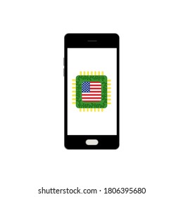 Chip móvil de tecnología y bandera estadounidense en fondo blanco