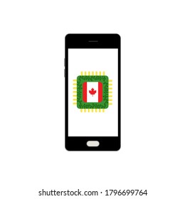 Technology mobile chip and canada flag on white background