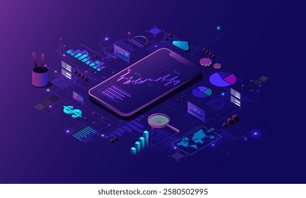 Technology and mobile phone background image, graph concept, finance, marketing, business analysis