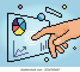technology Modern in 8-bit pixel , virtual reality that is connected to the hand that touches the screen. Pixel icons for game assets and web icons in vector illustrations.