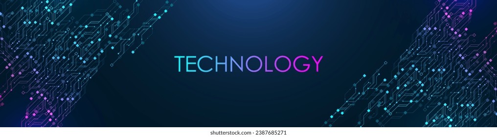 Tecnología moderna plantilla de banner horizontal azul con textura de placa de circuito. Concepto de tecnologías cuánticas de computación. Banner web de cabecera horizontal, afiche, portada, volante, folleto, presentación en el sitio web
