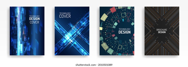 Technology modern brochure templates. Set of Science and innovation hi-tech background. Flyer design of tech elements. Futuristic business cover layout.