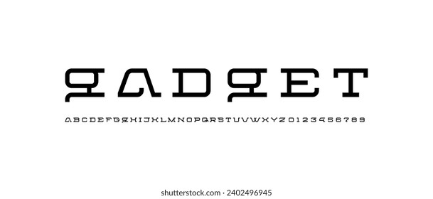 Technology modern font, digital cyber alphabet, Latin letters A, B, C, D, E, F, G, H, I, J, K, L, M, N, O, P, Q, R, S, T, U, V, W, X, Y, Z and Arab numerals 0, 1, 2, 3, 4, 5, 6, 7, 8, 9