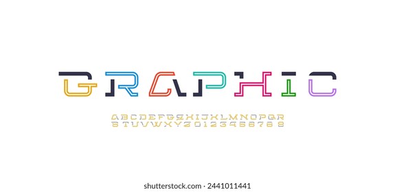 Technology modern font, digital cyber alphabet, multi-colored letters A-Z and numbers 0-9, vector illustration 10EPS