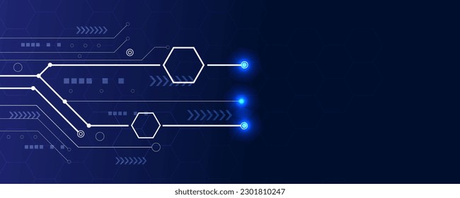 Technologie, moderne, künftige Hintergrundgrafik Dunkelblauer Hintergrund mit weißen gestrichenen Linien und Linien. Quadrat, Hexagon, Kreis- und Punktleuchte