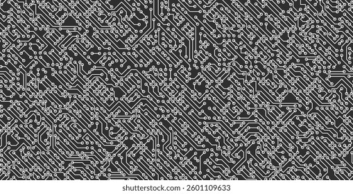 Technology motherboard seamless pattern on black background.