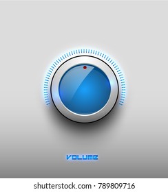 Technology music blue glow glossy button icon, volume settings, sound control vector knob with white plastic ring, scale. Isolated on background. For internet sites, web interface, applications.