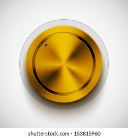 Technology music button (volume knob) with gold metal texture (steel, chrome, silver, bronze), realistic shadow and light background for user interfaces (UI) and applications (apps). Vector.