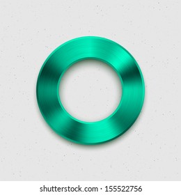 Technology music button (volume knob) with green (emerald) metal texture (steel, chrome, silver), realistic shadow and light background for interfaces (UI) and applications (apps). Vector illustration