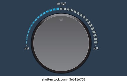 Technology music button, volume knob with realistic designed shadow, range scale and light background for internet sites, web user interfaces, UI, applications, apps. Vector illustration.