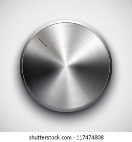 Technology music button (volume settings, sound control knob) with metal texture (stainless steel, chrome), shadow and light background for web user interface interface (ui). Vector illustration.