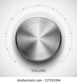 Technology music button (volume settings, sound control knob) with metal texture (stainless, steel, chrome), shadow and light background for internet sites, web interfaces (ui) and applications (apps)