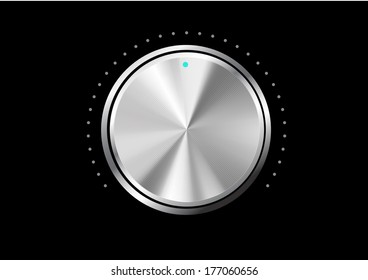 Technology music button (volume settings, sound control knob) with metal texture (stainless, steel, chrome), shadow and light background for internet sites, web interfaces (ui) and applications (apps)