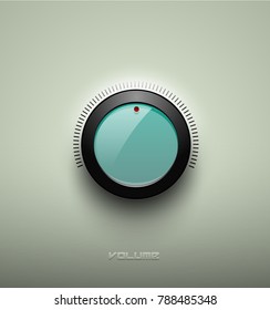 Technology music green glassy button icon, volume settings, sound control knob with black plastic ring, scale, shadow and light. Isolated on background. For internet sites, web interface, application