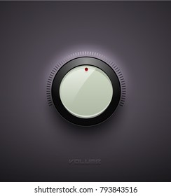 Technology music white glossy button icon, volume settings, sound control knob with black plastic ring, scale, shadow and light. Isolated on background. For internet sites, web interface, application